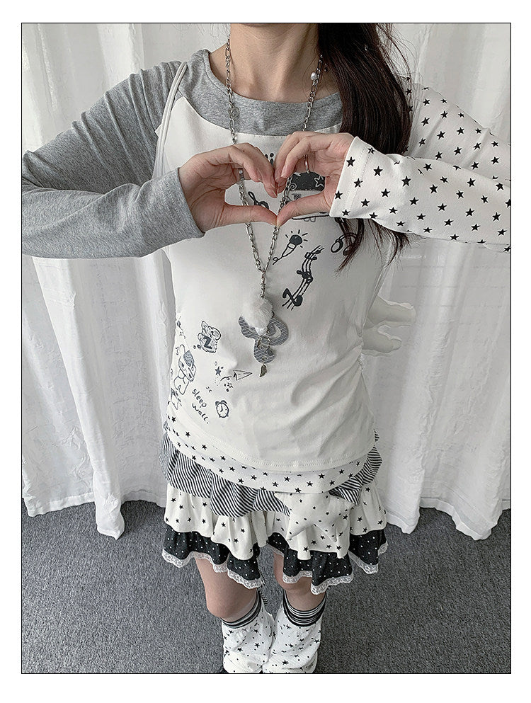 Star Graphic Asymmetric Layered Long Sleeve Top