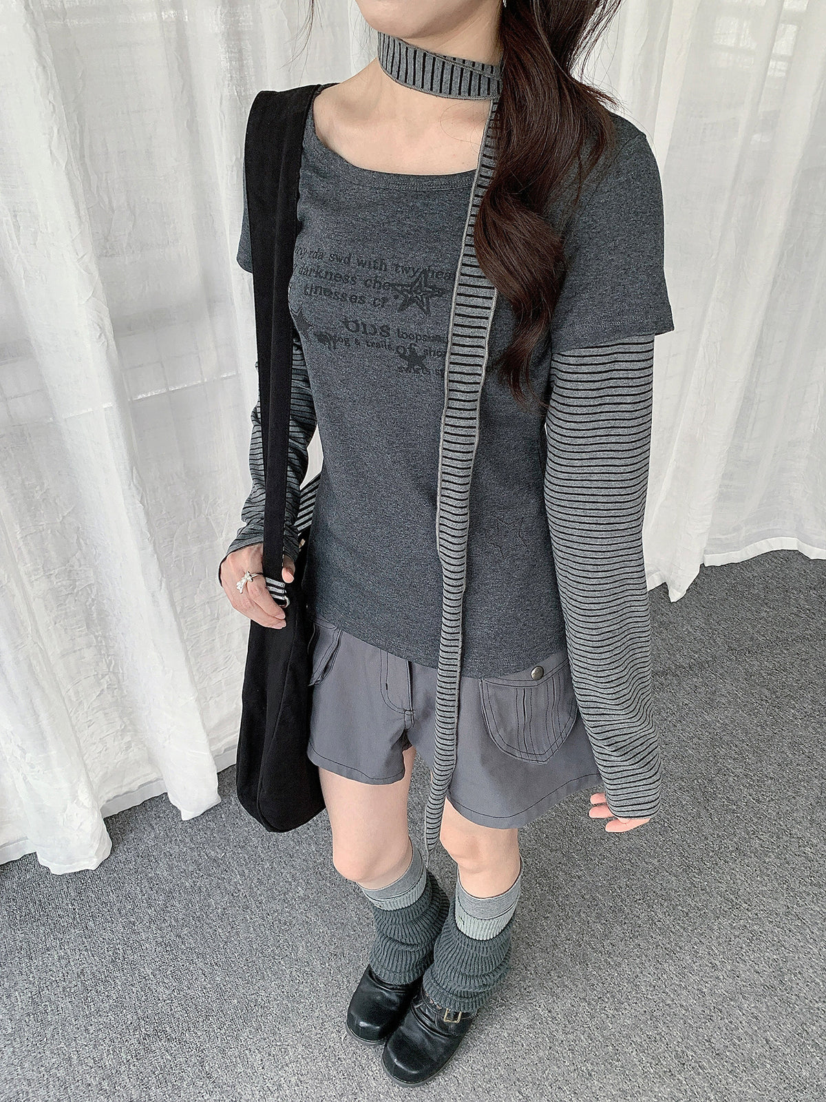 Striped Scarf Layered Long Sleeve Top
