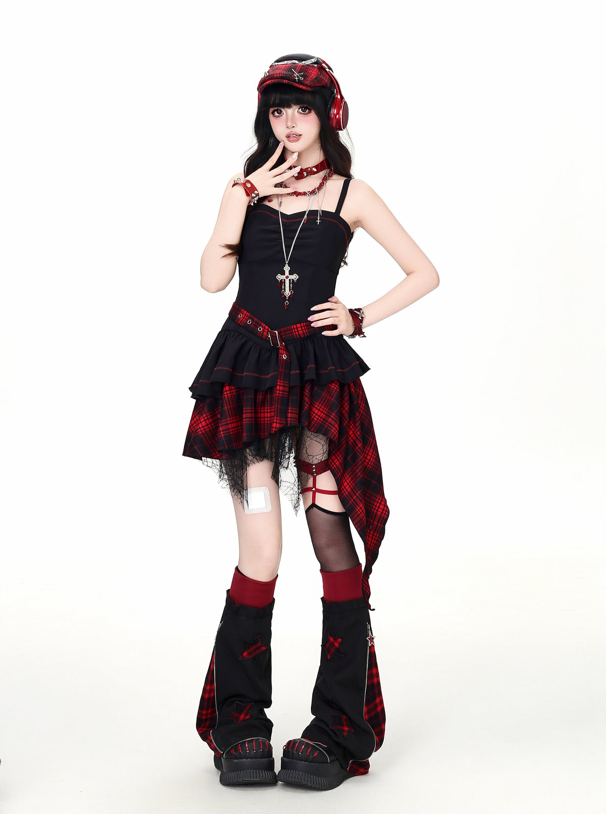 Lost Island Plaid Layered Dress, Sheer Shrug & Star Leg Warmers