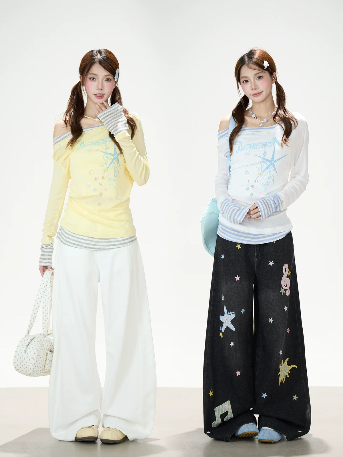 Starfish Off-Shoulder Layered Long Sleeve Top & White Wide-Leg Pants