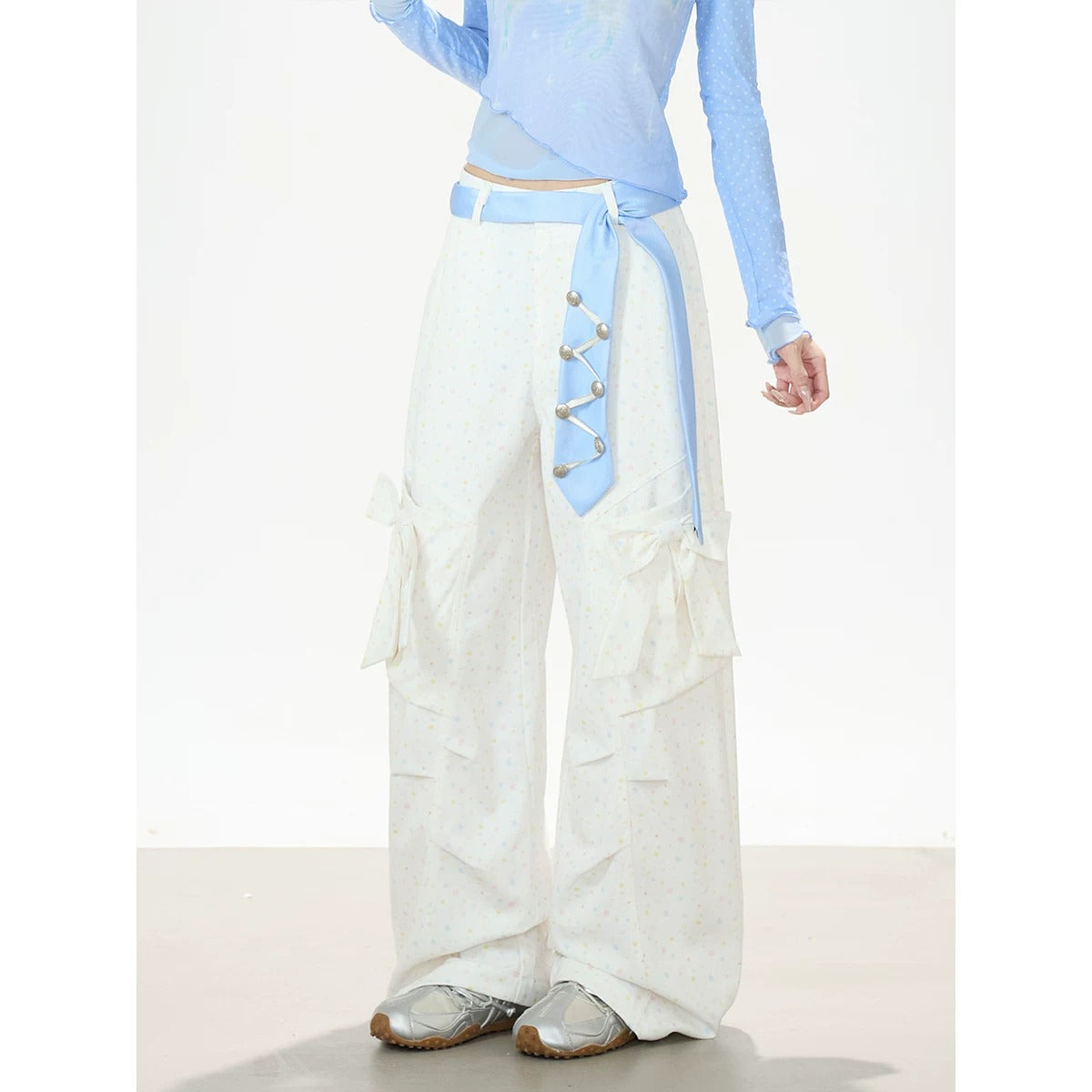 Pastel Star Bow Wide-Leg Cargo Pants