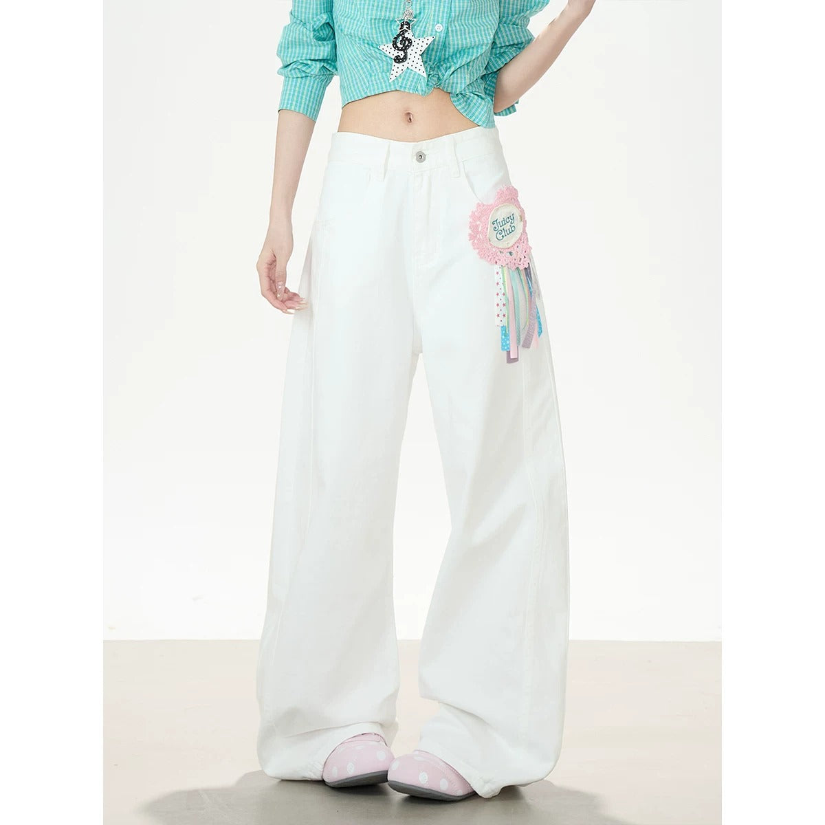 Green Check Fitted Shirt & White Wide-Leg Pants