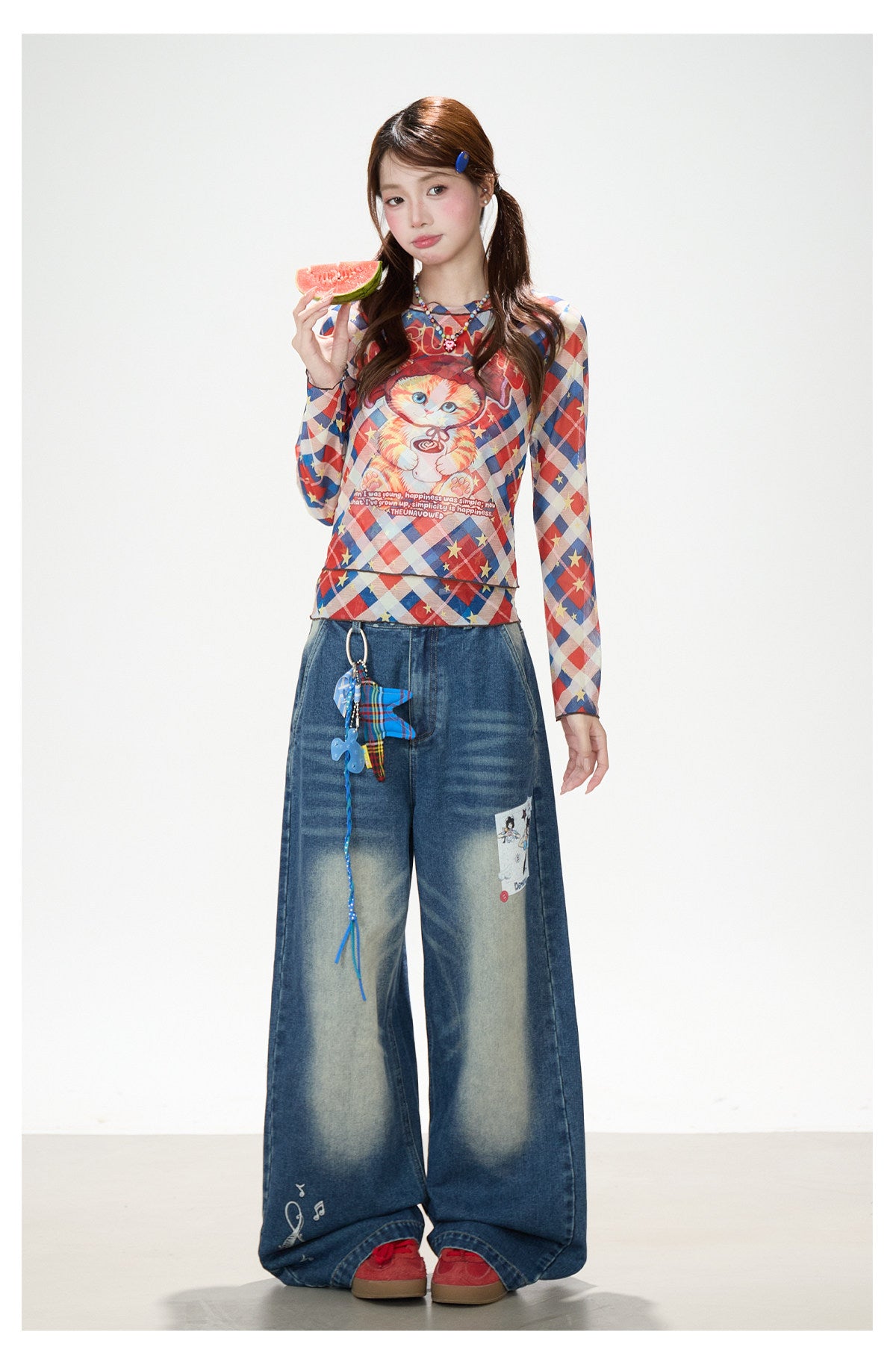 Cartoon Patch Washed Wide-Leg Jeans