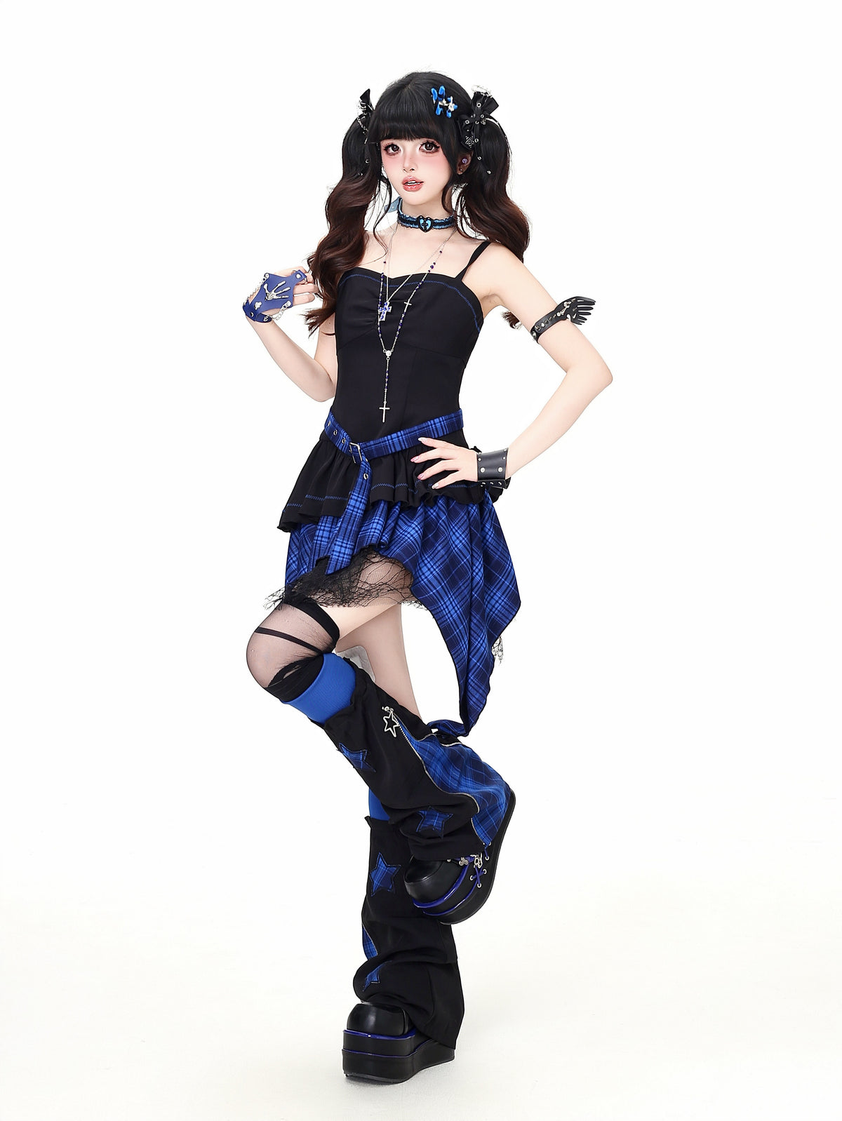 Lost Island Plaid Layered Dress, Sheer Shrug & Star Leg Warmers
