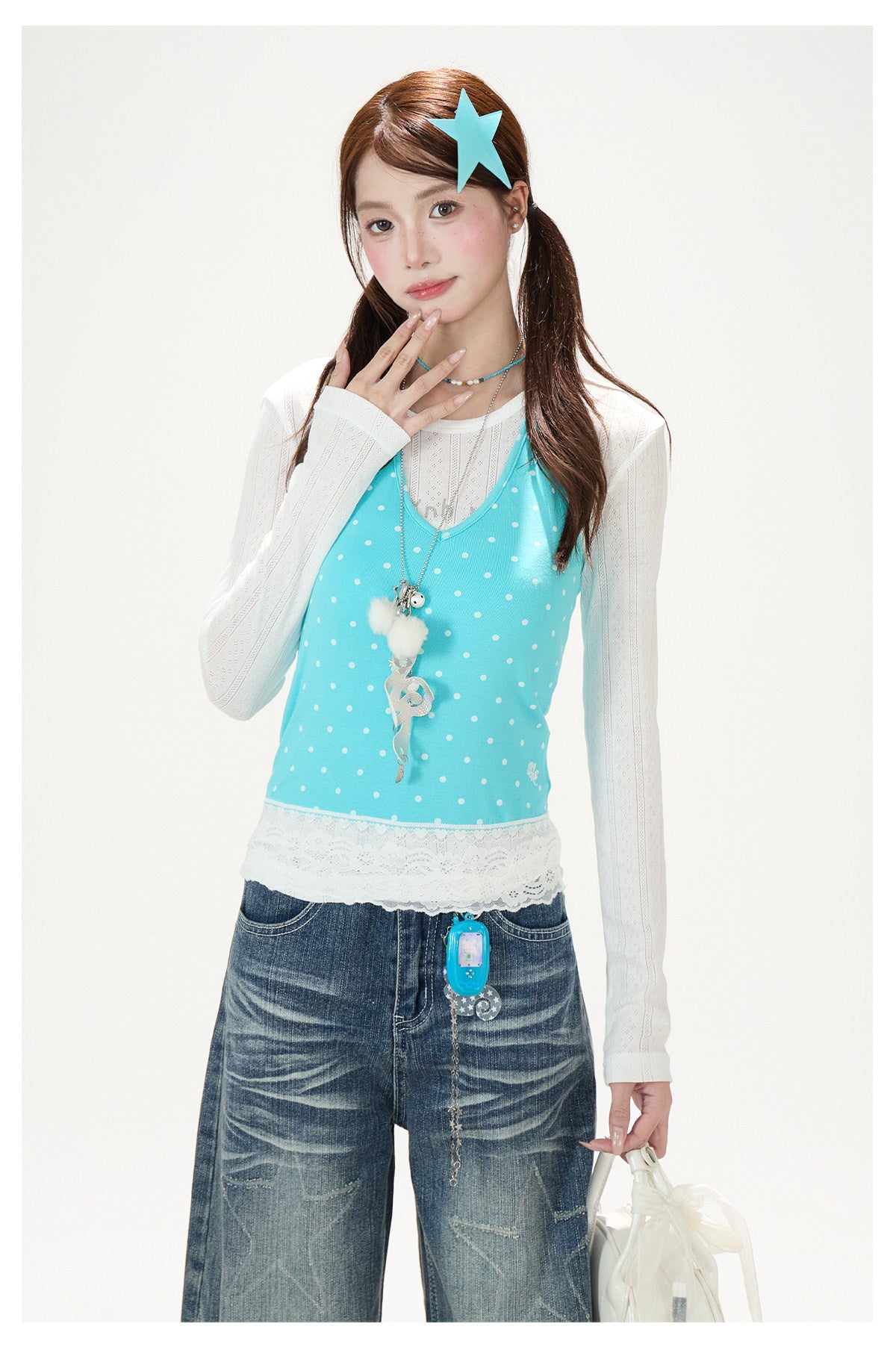 Sheer Cat Doodle Long Sleeve Top, Polka-Dot Cami & Washed Wide-Leg Jeans