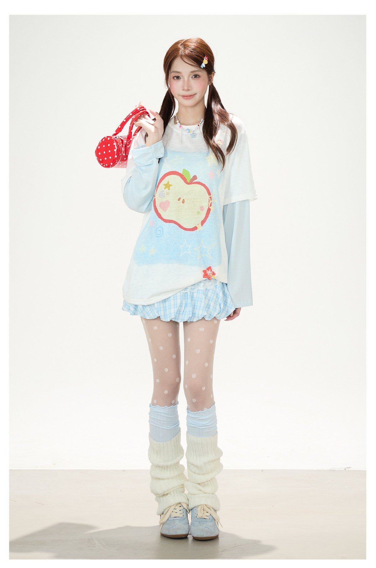 Apple Doodle Layered Long Sleeve Tee & Light Blue Ruffle Mini Skirt