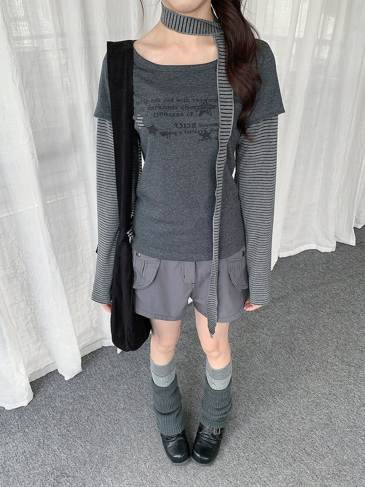 Striped Scarf Layered Long Sleeve Top