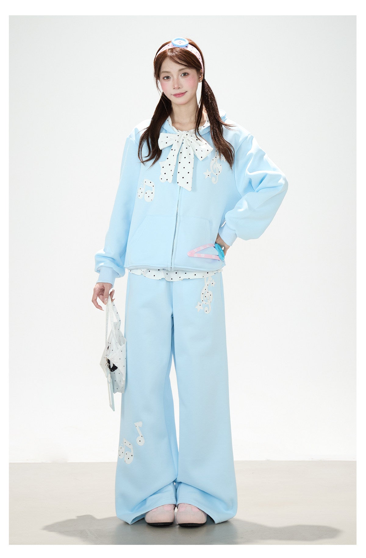 Music Note Polka-Dot Bow Zip-Up Hoodie & Gray Wide-Leg Pants