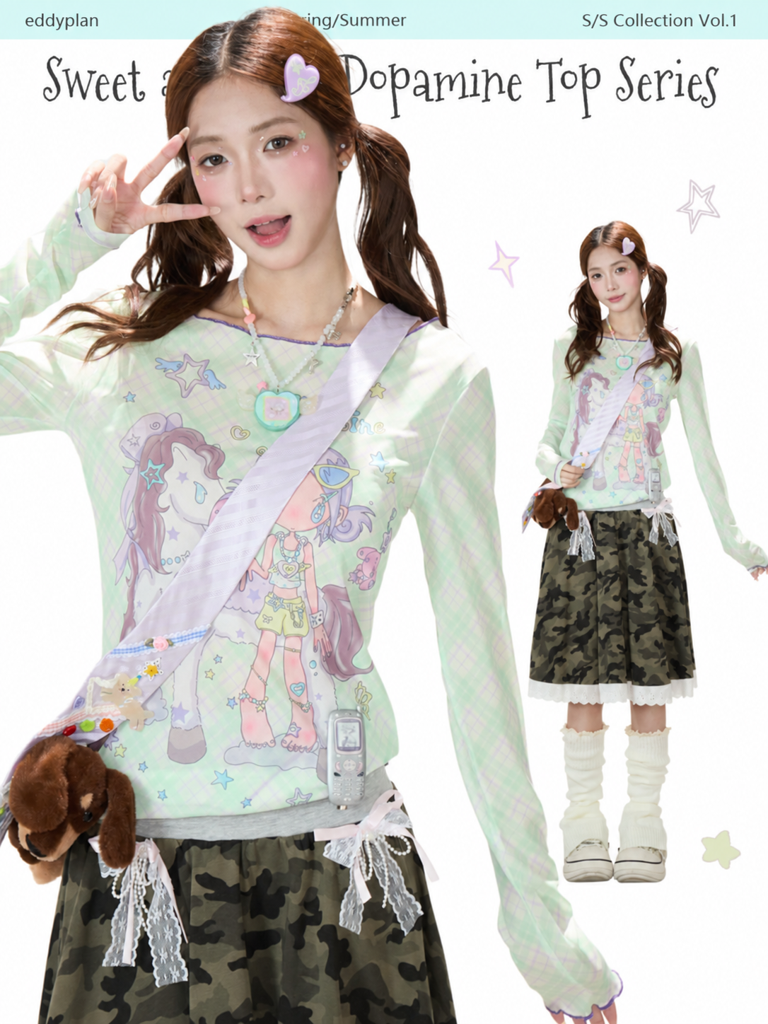 Pastel Anime Plaid Long Sleeve Top & Camo Lace-Trim Midi Skirt