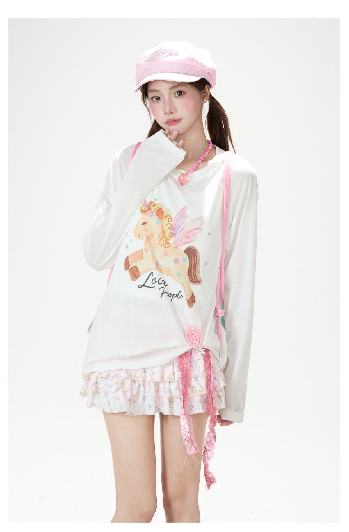Cartoon Pony Long Sleeve Top & Pink Ruffle Mini Skirt