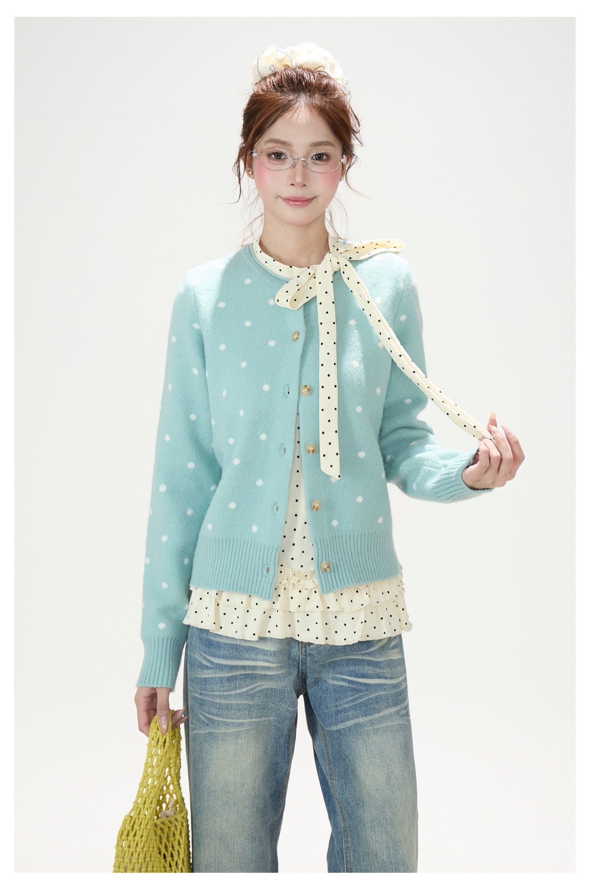Polka-Dot Jacquard Knit Cardigan & Washed Flare Jeans