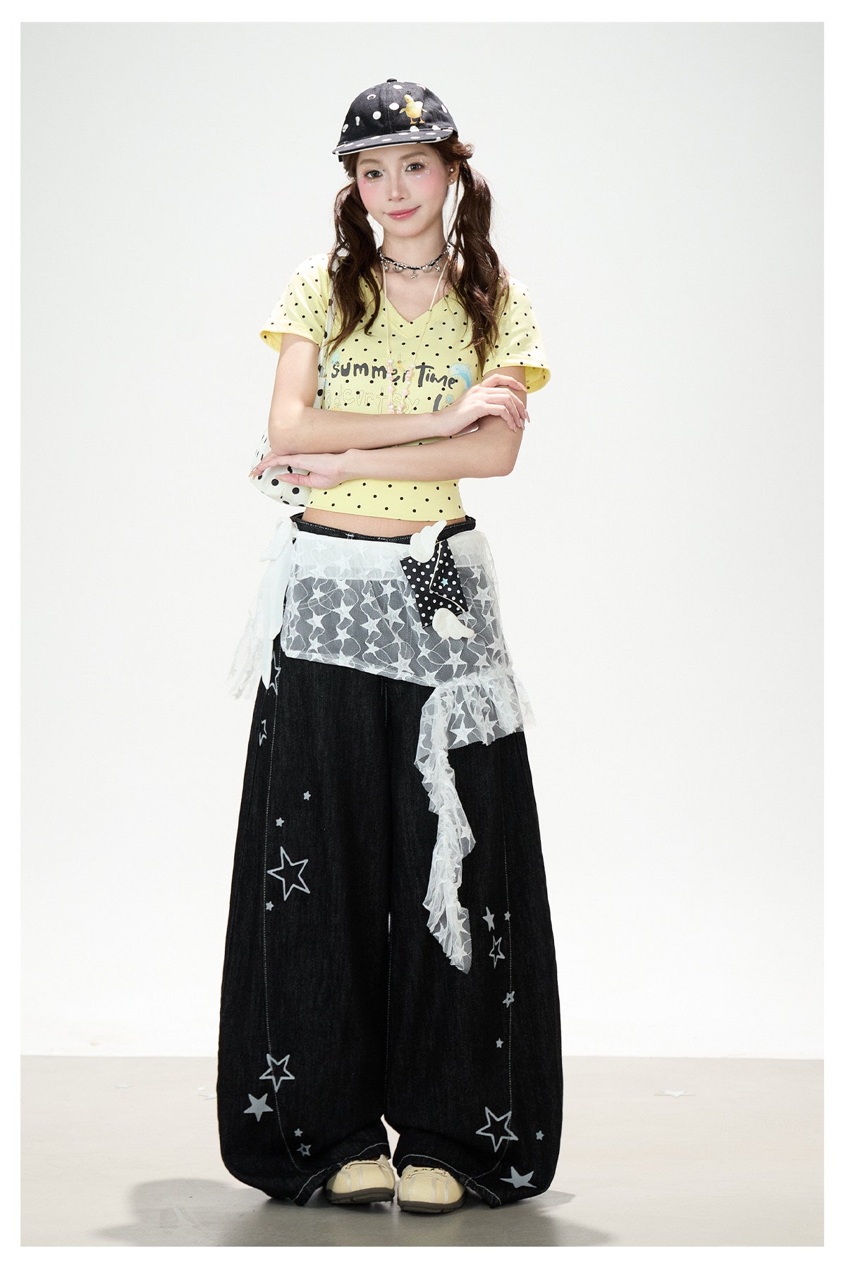 Star Print Lace Layered Wide-Leg Jeans