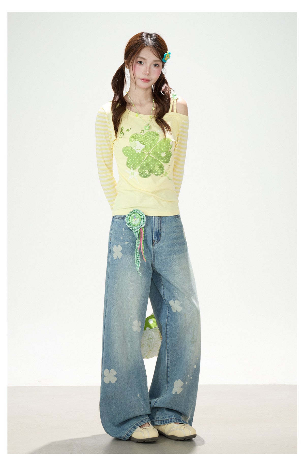 Clover Stripe Off-Shoulder Long Sleeve Top & Star Music Note Wide-Leg Jeans