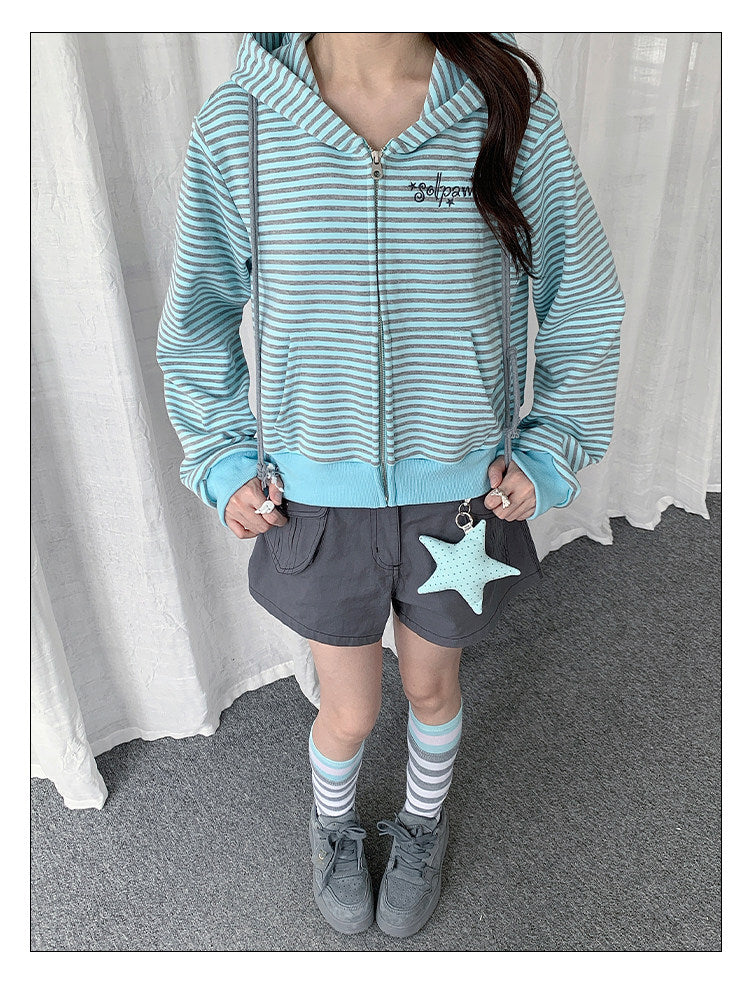 Mint Stripe Zip-Up Hoodie & Gray Utility Shorts
