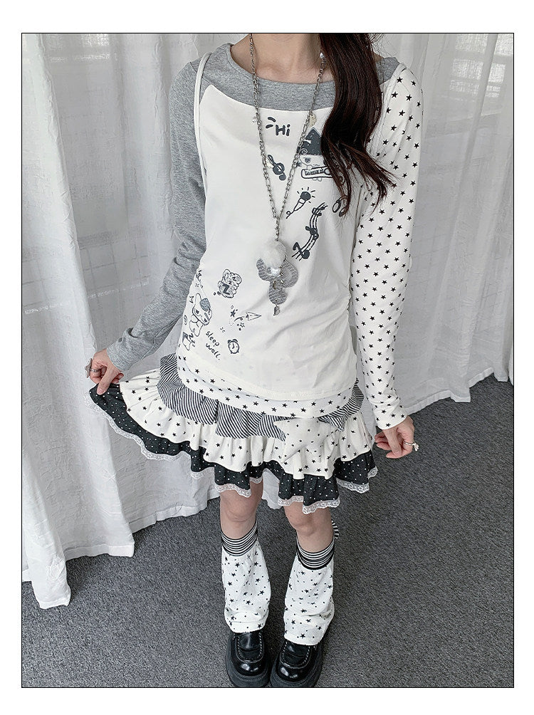 Star Graphic Asymmetric Layered Long Sleeve Top