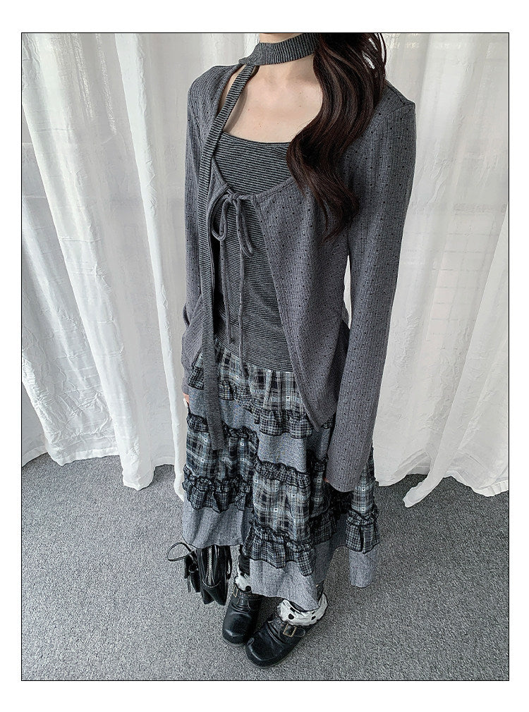 Polka Dot Tie Cardigan & Striped Cami Set
