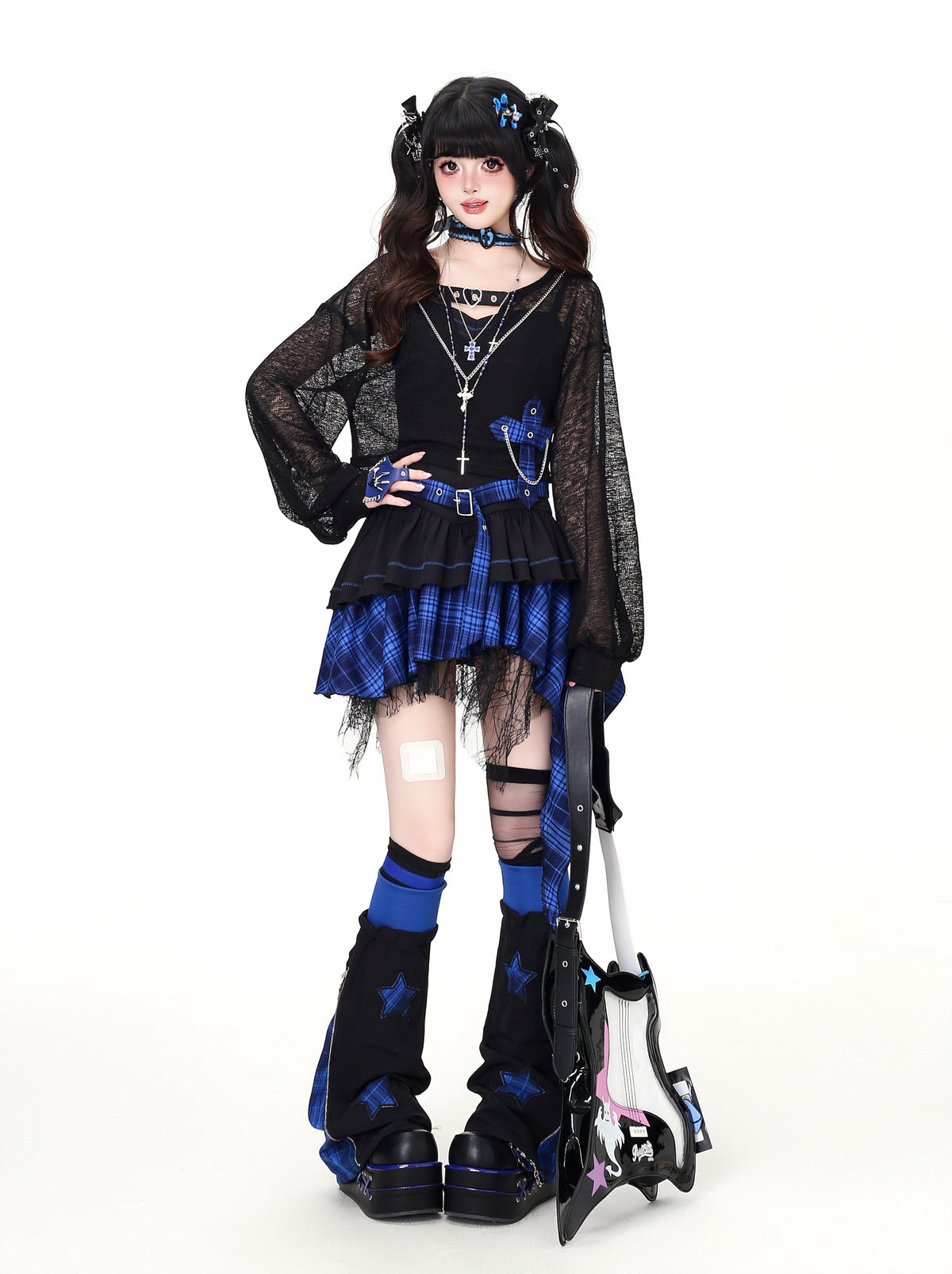 Lost Island Plaid Layered Dress, Sheer Shrug & Star Leg Warmers
