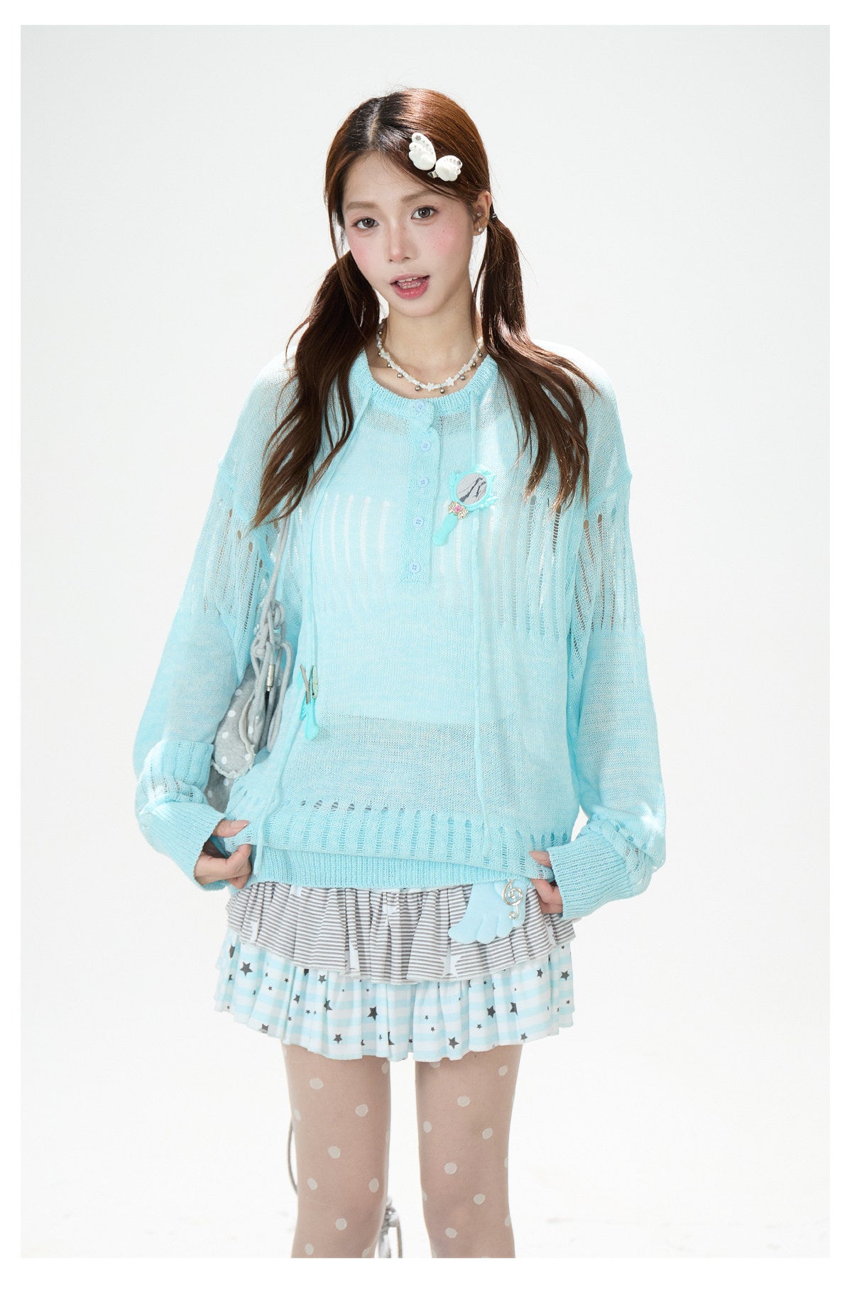 Openwork Knit Long Sleeve Top & Light Blue Layered Ruffle Mini Skirt
