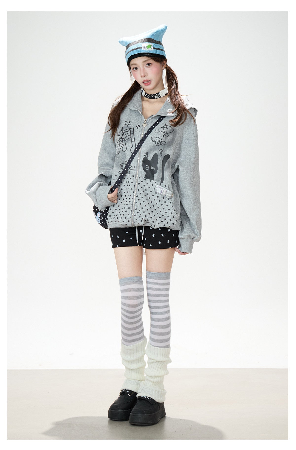 Cartoon Polka-Dot Zip-Up Hoodie & Star Print Shorts