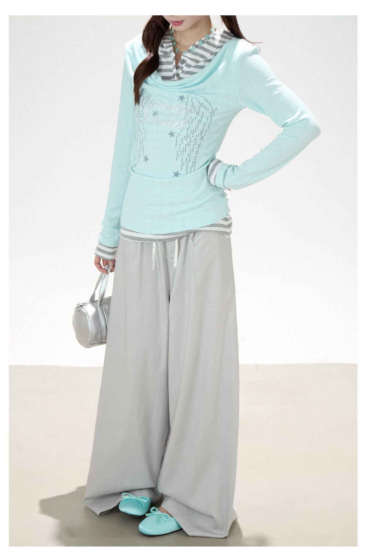 Angel Wing Graphic Hooded Stripe Layered Long Sleeve Top