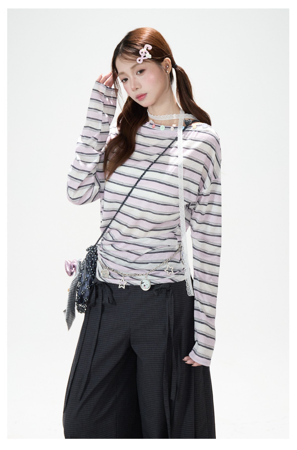 Striped Off-Shoulder Long Sleeve Top & Polka-Dot Midi Skirt