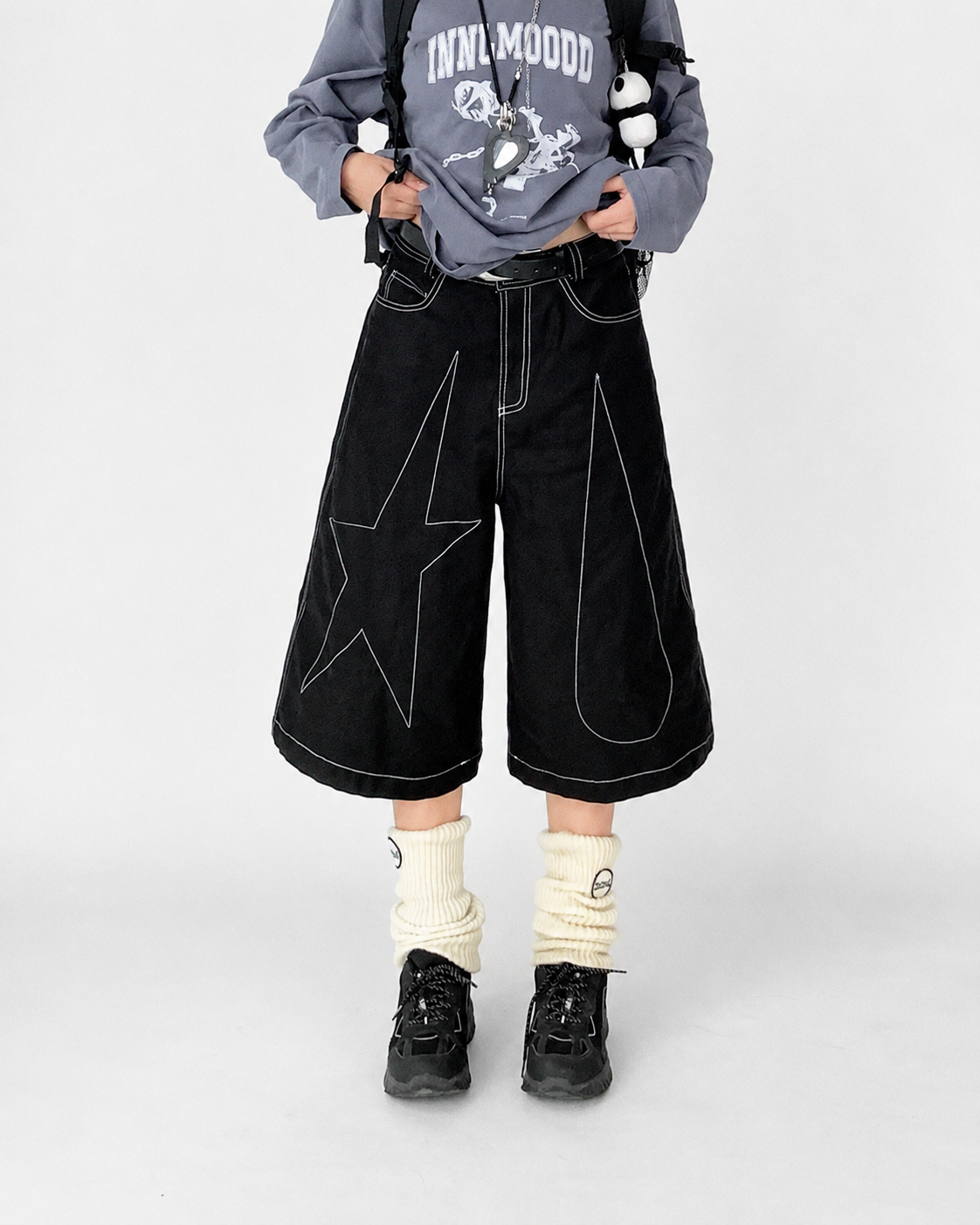 Falling Star Contrast-Stitch Wide-Leg Culottes