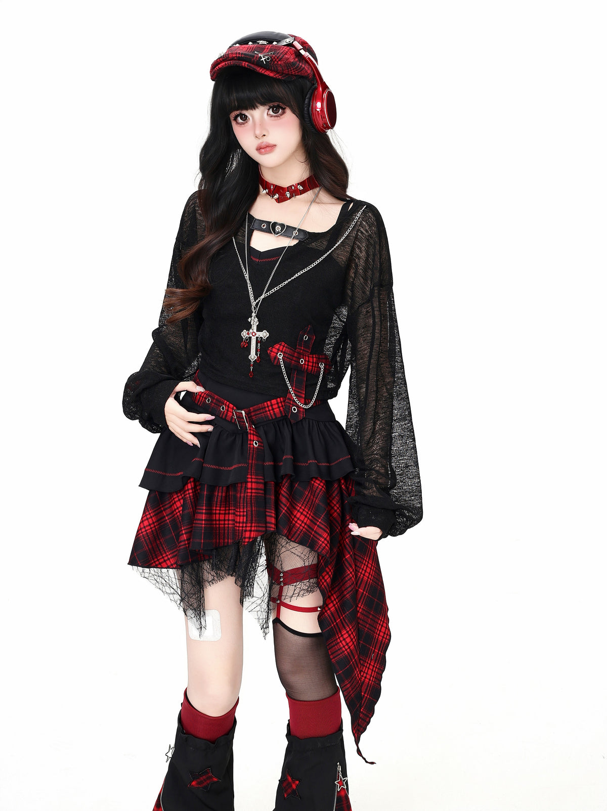 Lost Island Plaid Layered Dress, Sheer Shrug & Star Leg Warmers