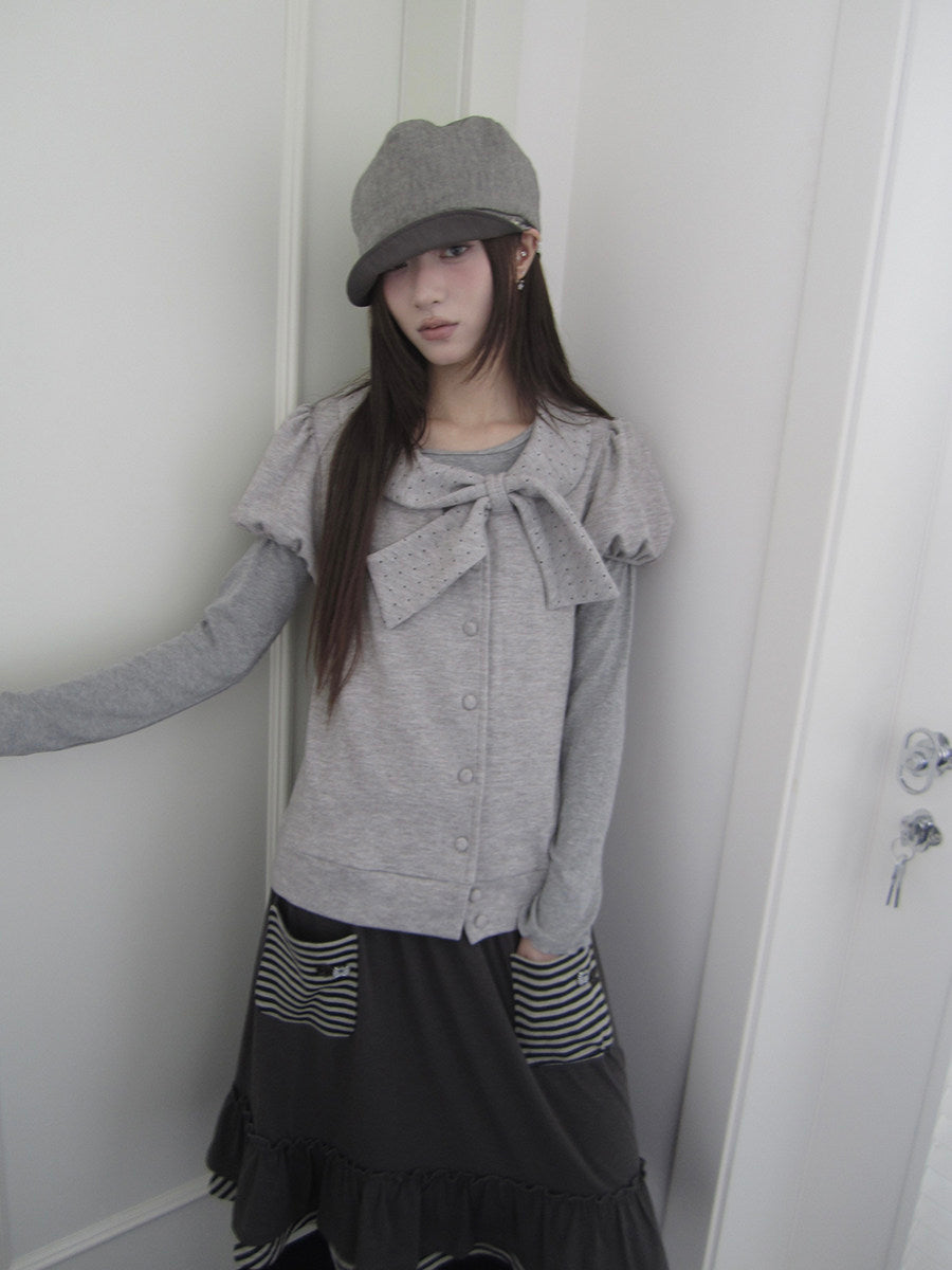 Polka Dot Bow Knit Top & Long Sleeve Two-Piece Set