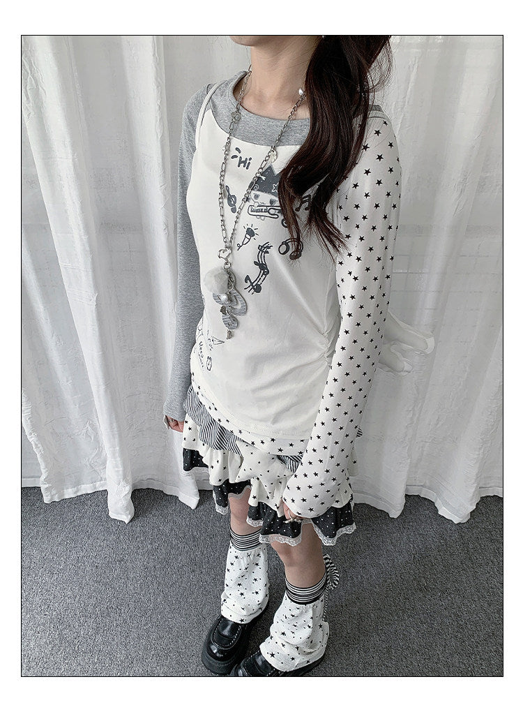 Star Graphic Asymmetric Layered Long Sleeve Top