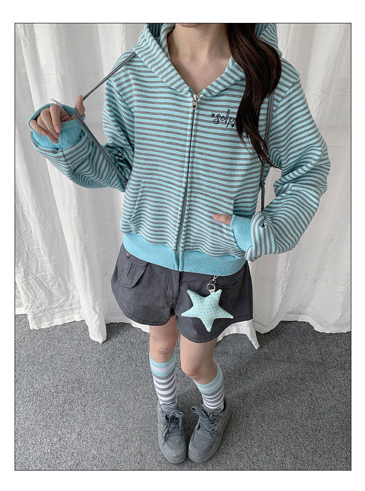 Mint Stripe Zip-Up Hoodie & Gray Utility Shorts
