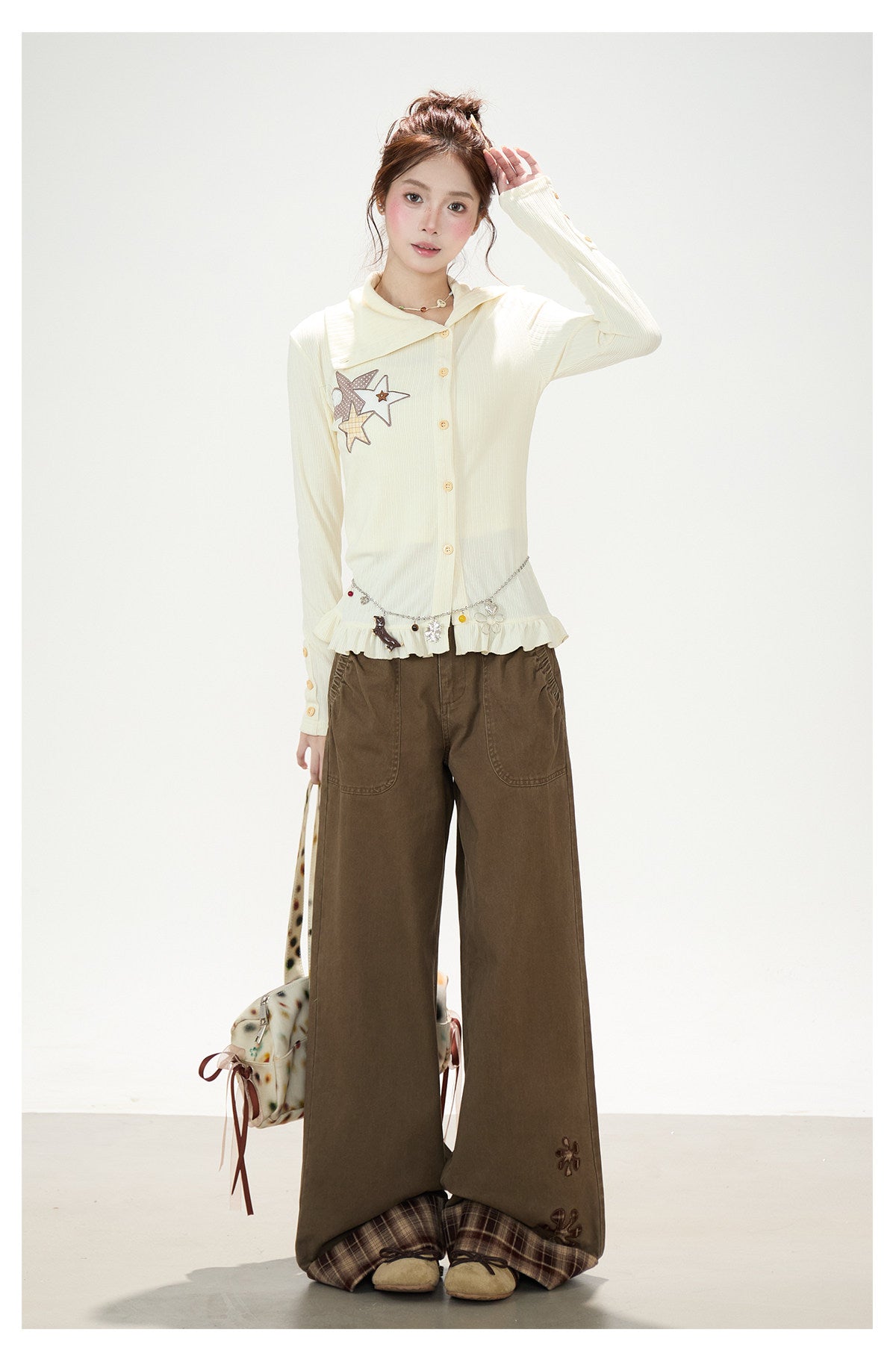 Star Patch Ruffle-Hem Collared Cardigan & Brown Plaid-Cuff Wide-Leg Pants