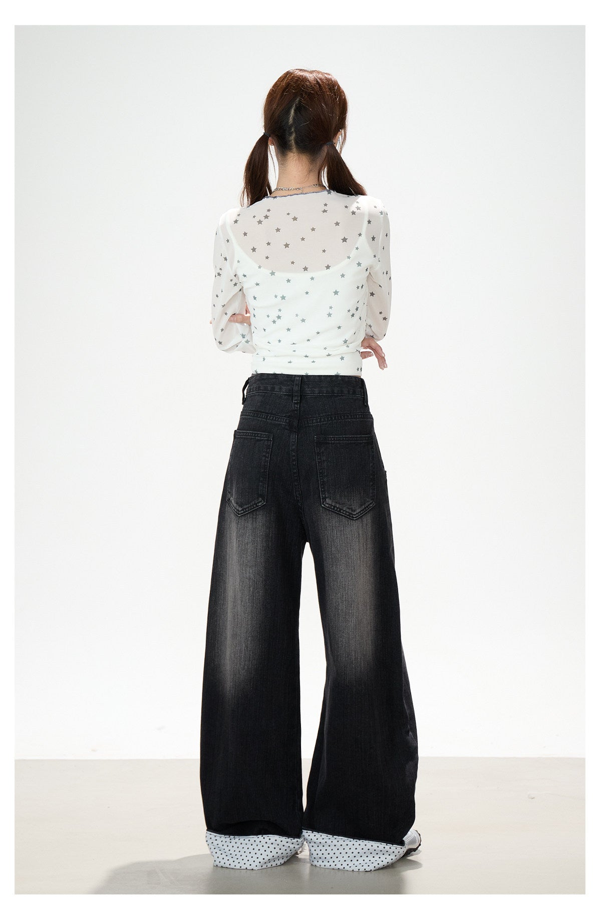 Anime Star Polka-Dot Mesh Long Sleeve Top & Bunny Graphic Wide-Leg Jeans