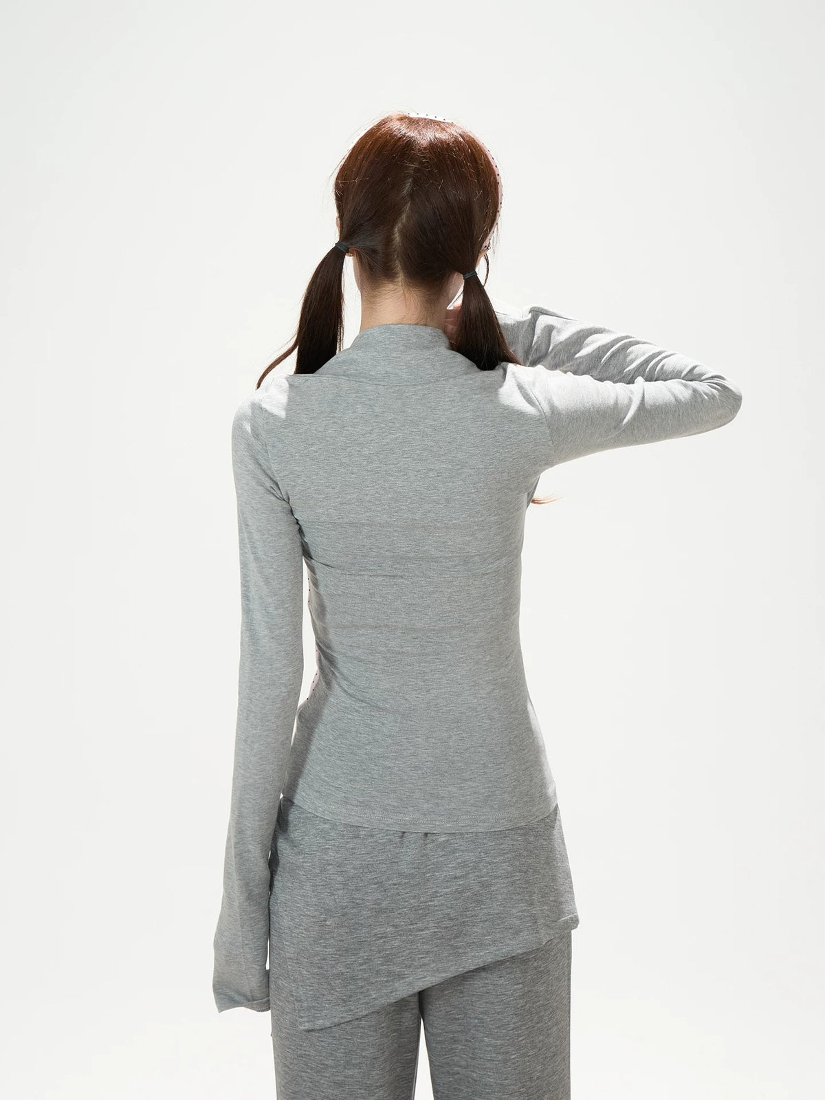 Polka-Dot Layered Cami Long Sleeve Top & Gray Ruffle Shorts