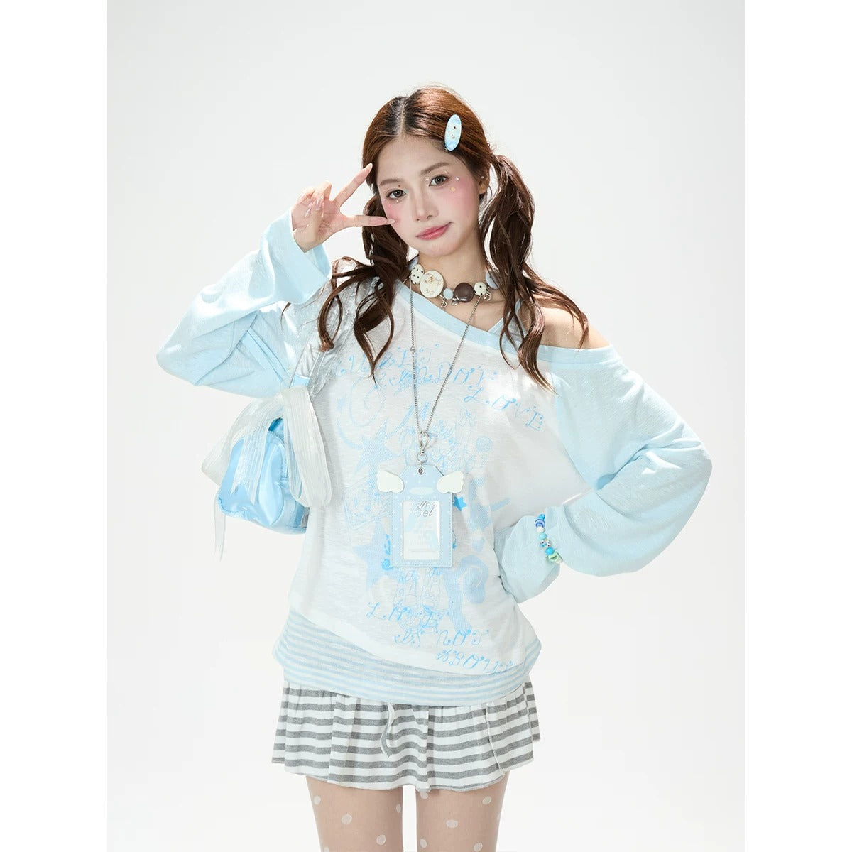 Cartoon Girl Off-Shoulder Long Sleeve Top & Asymmetric Polka-Dot Mini Skirt