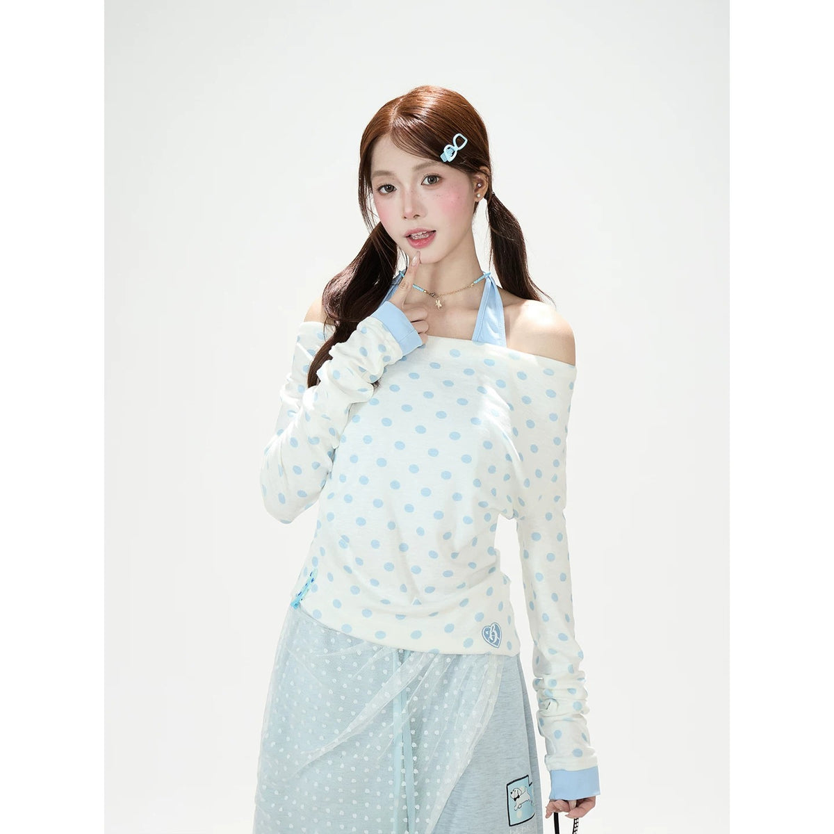Polka-Dot Off-Shoulder Layered Long Sleeve Top & Blue Wide-Leg Pants