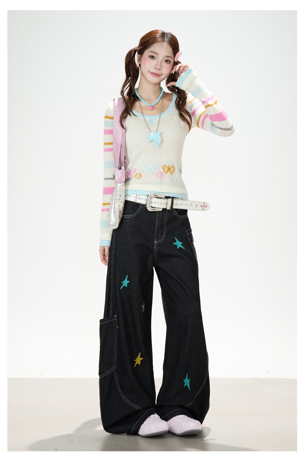 Star Embroidered Deconstructed Wide-Leg Cargo Jeans
