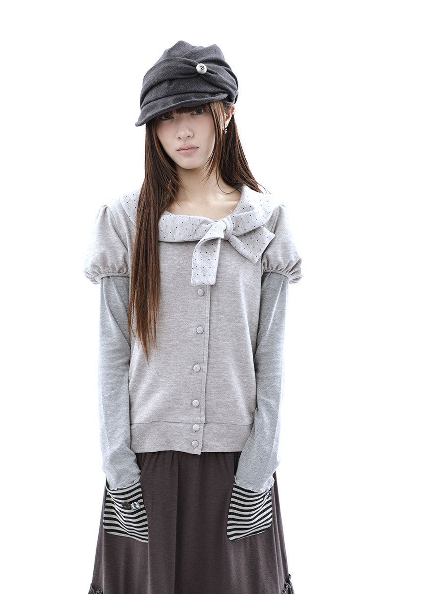 Polka Dot Bow Knit Top & Long Sleeve Two-Piece Set
