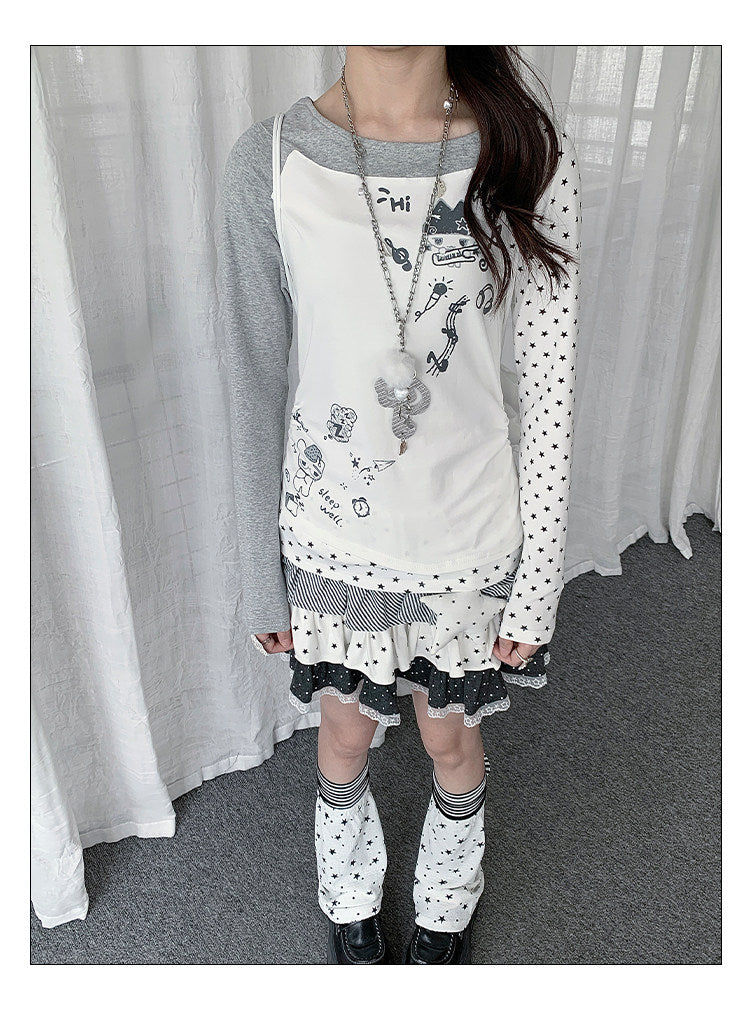 Star Graphic Asymmetric Layered Long Sleeve Top
