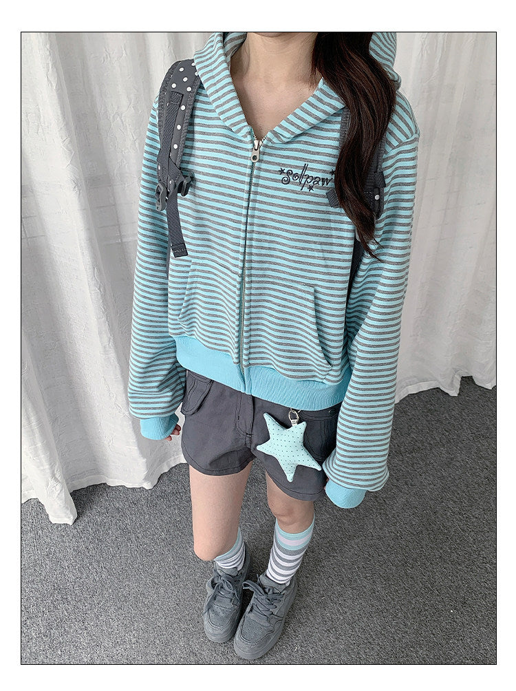 Mint Stripe Zip-Up Hoodie & Gray Utility Shorts