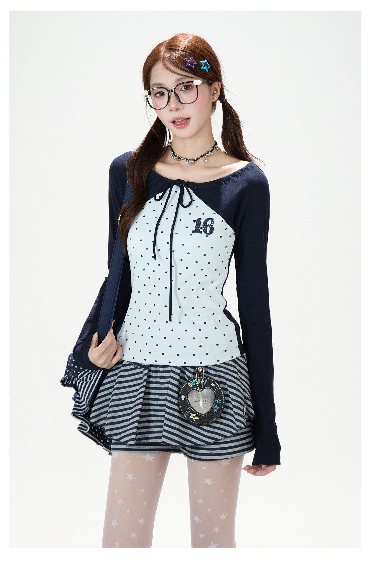 Polka-Dot Tie-Front Off-Shoulder Long Sleeve Top & Royal Blue Stripe Ruffle Mini Skirt