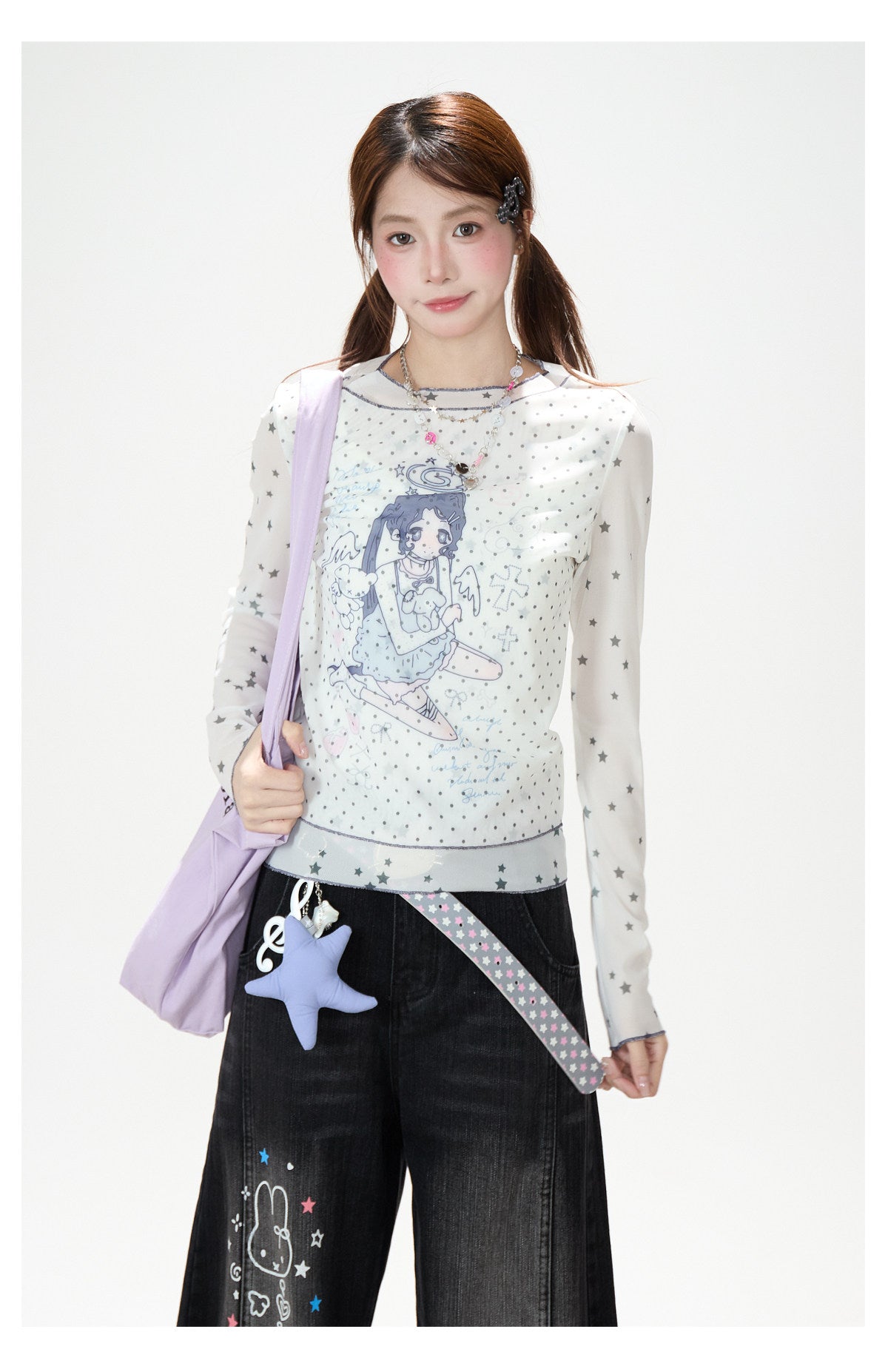 Anime Star Polka-Dot Mesh Long Sleeve Top & Bunny Graphic Wide-Leg Jeans