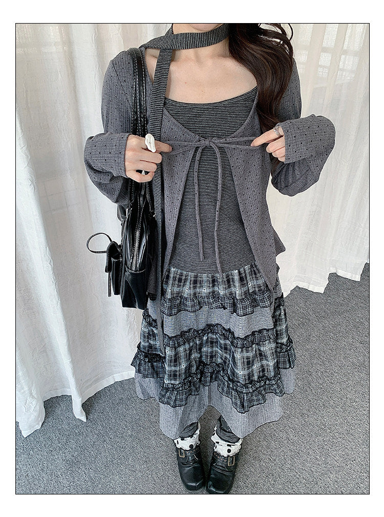 Polka Dot Tie Cardigan & Striped Cami Set