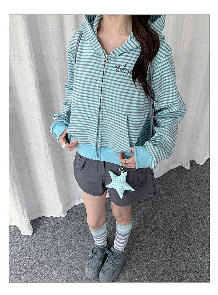 Mint Stripe Zip-Up Hoodie & Gray Utility Shorts
