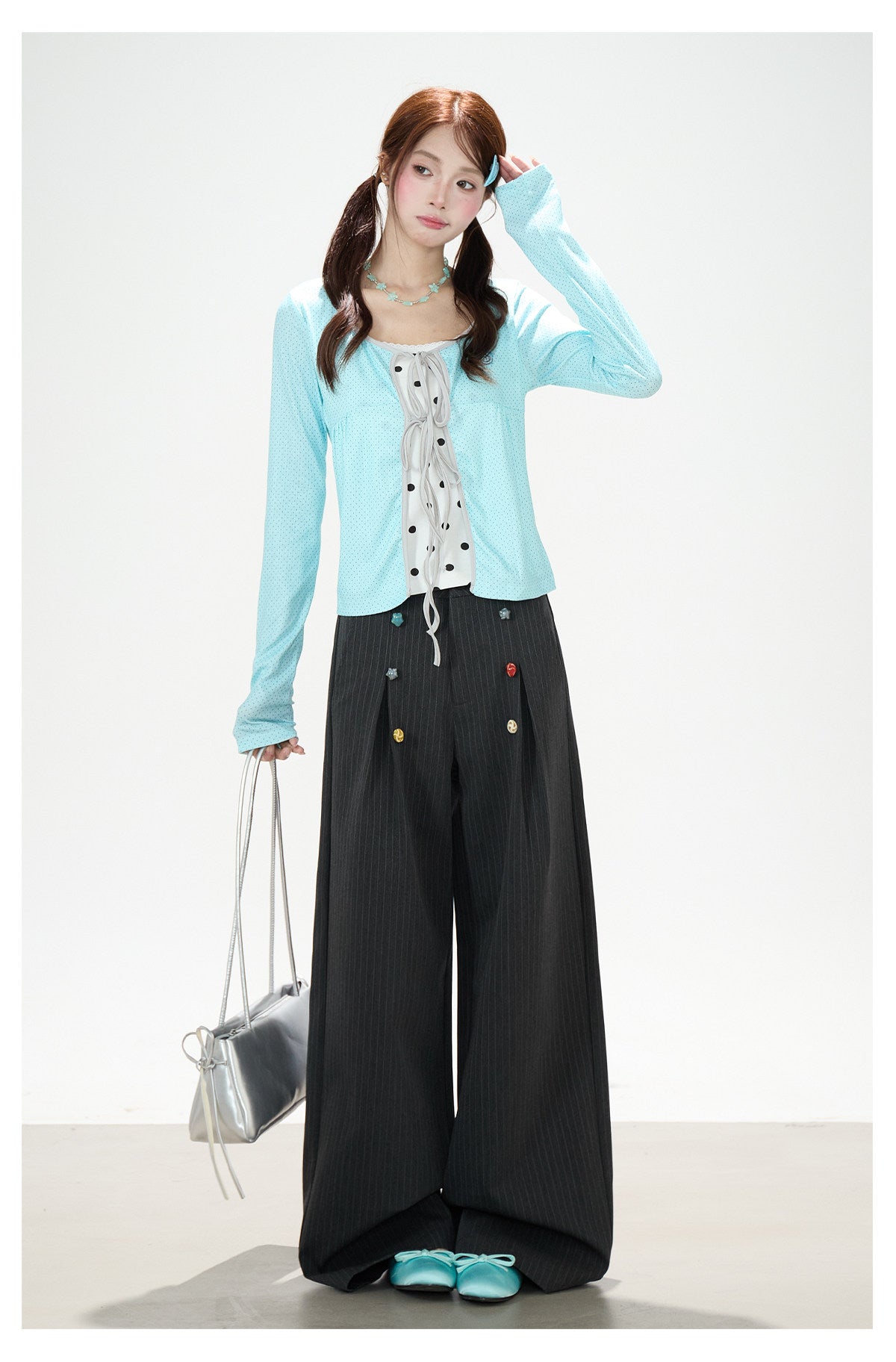 Polka-Dot Tie-Front Layered Long Sleeve Top & Pinstripe Button Wide-Leg Pants