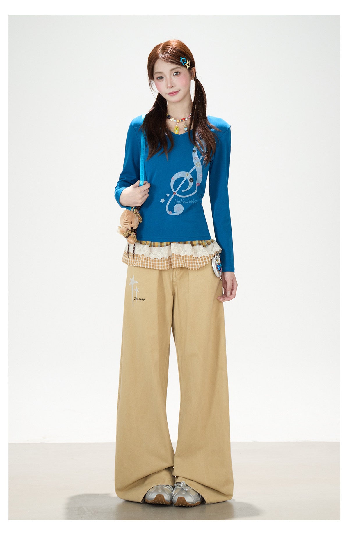 Music Note Star Button V-Neck Long Sleeve Top & Pink Stripe Wide-Leg Pants