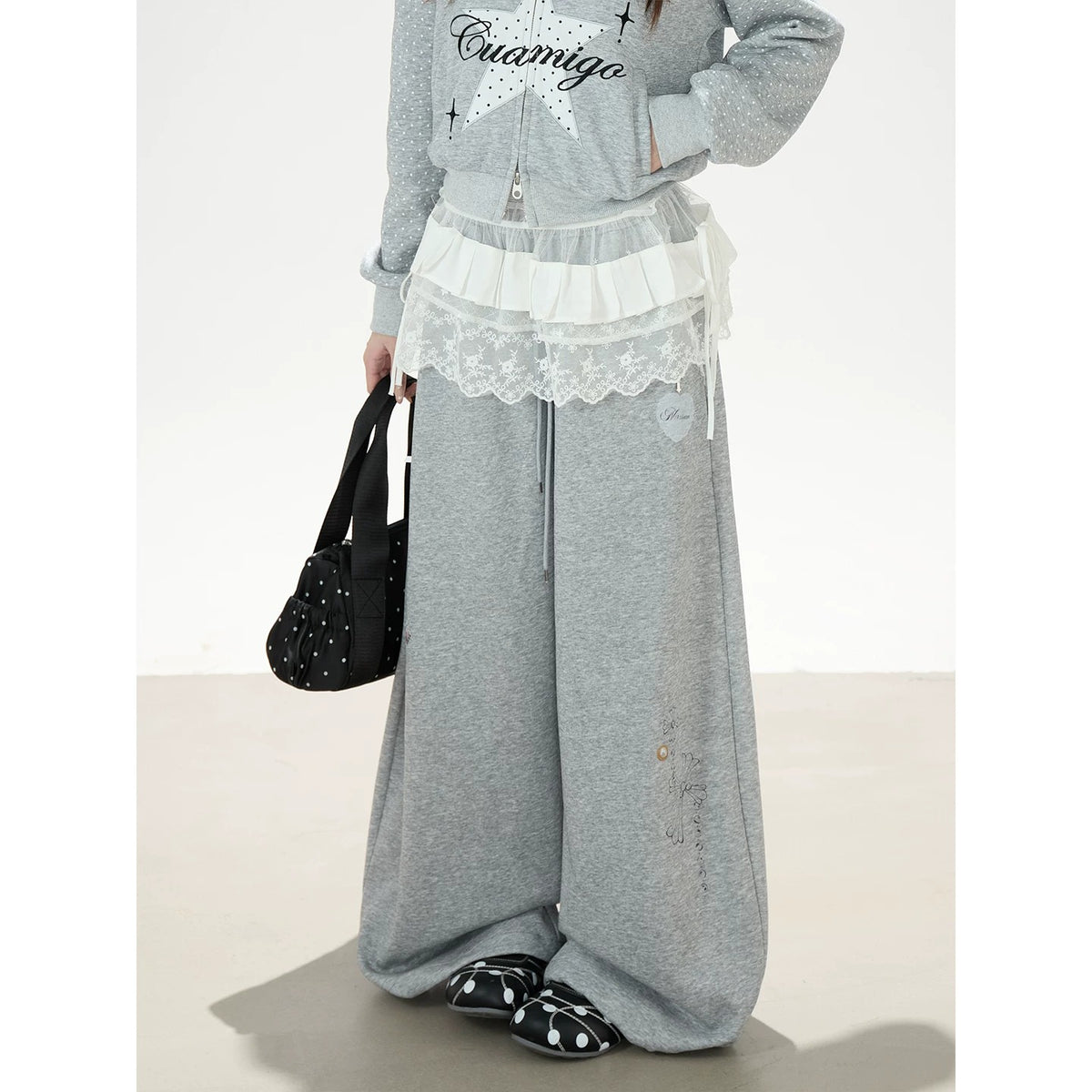 Star Polka-Dot Cropped Zip-Up Hoodie & Gray Wide-Leg Sweatpants