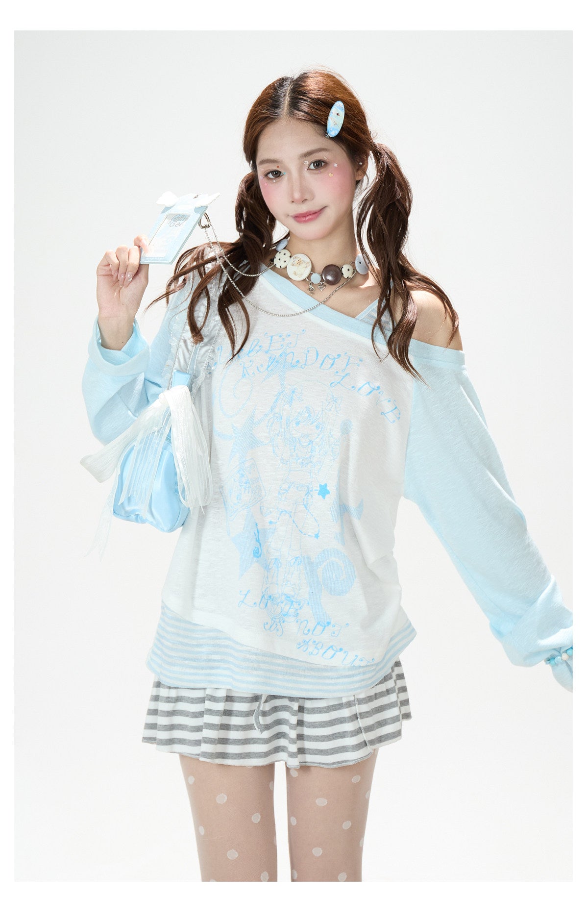 Faux Layered Off-Shoulder Graphic Long Sleeve Top