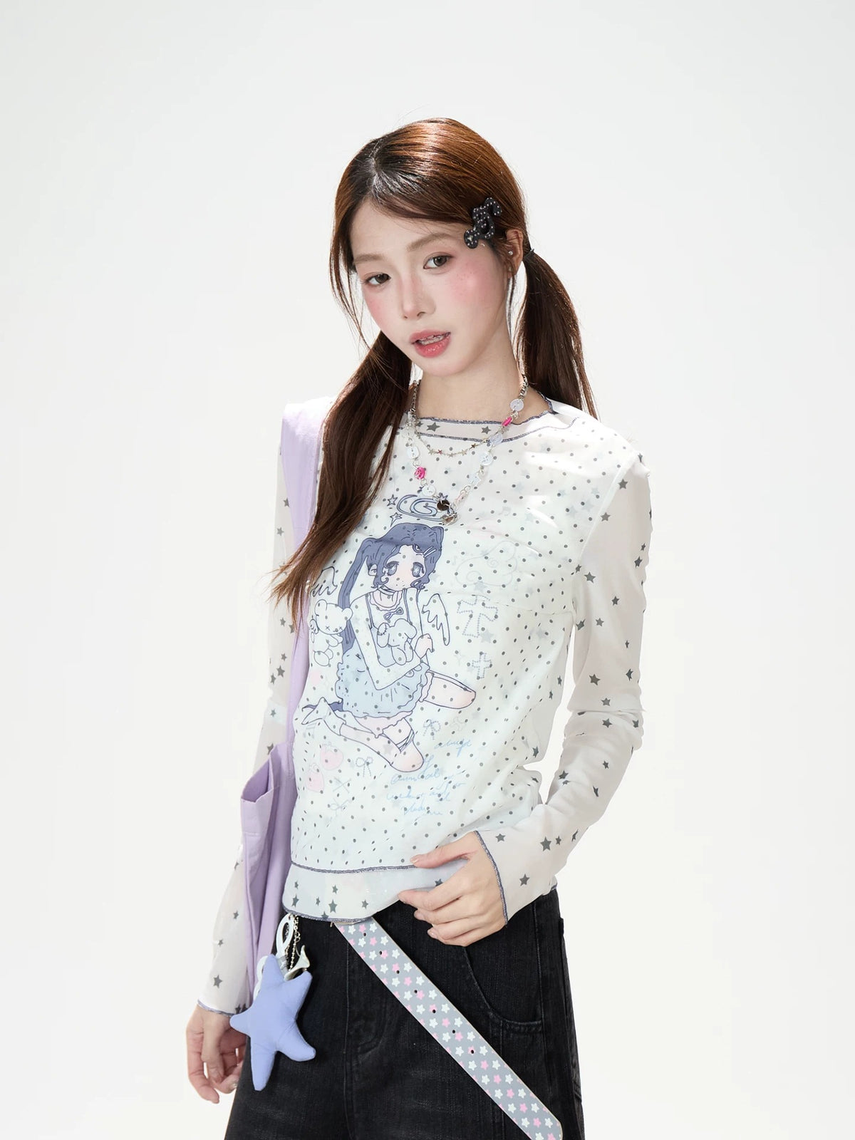 Anime Star Polka-Dot Mesh Long Sleeve Top & Bunny Graphic Wide-Leg Jeans