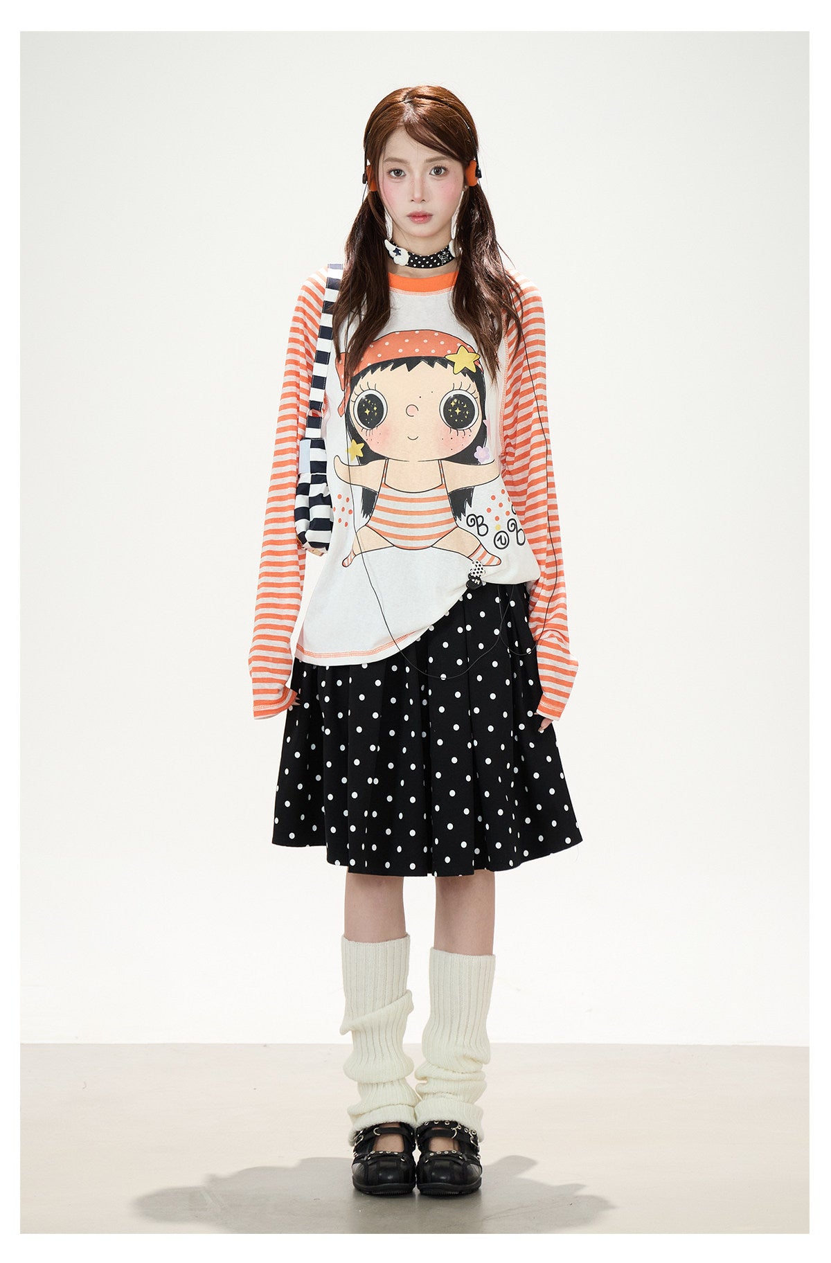 Cartoon Girl Stripe Raglan Long Sleeve Top & Black Polka-Dot Ruffle Skirt