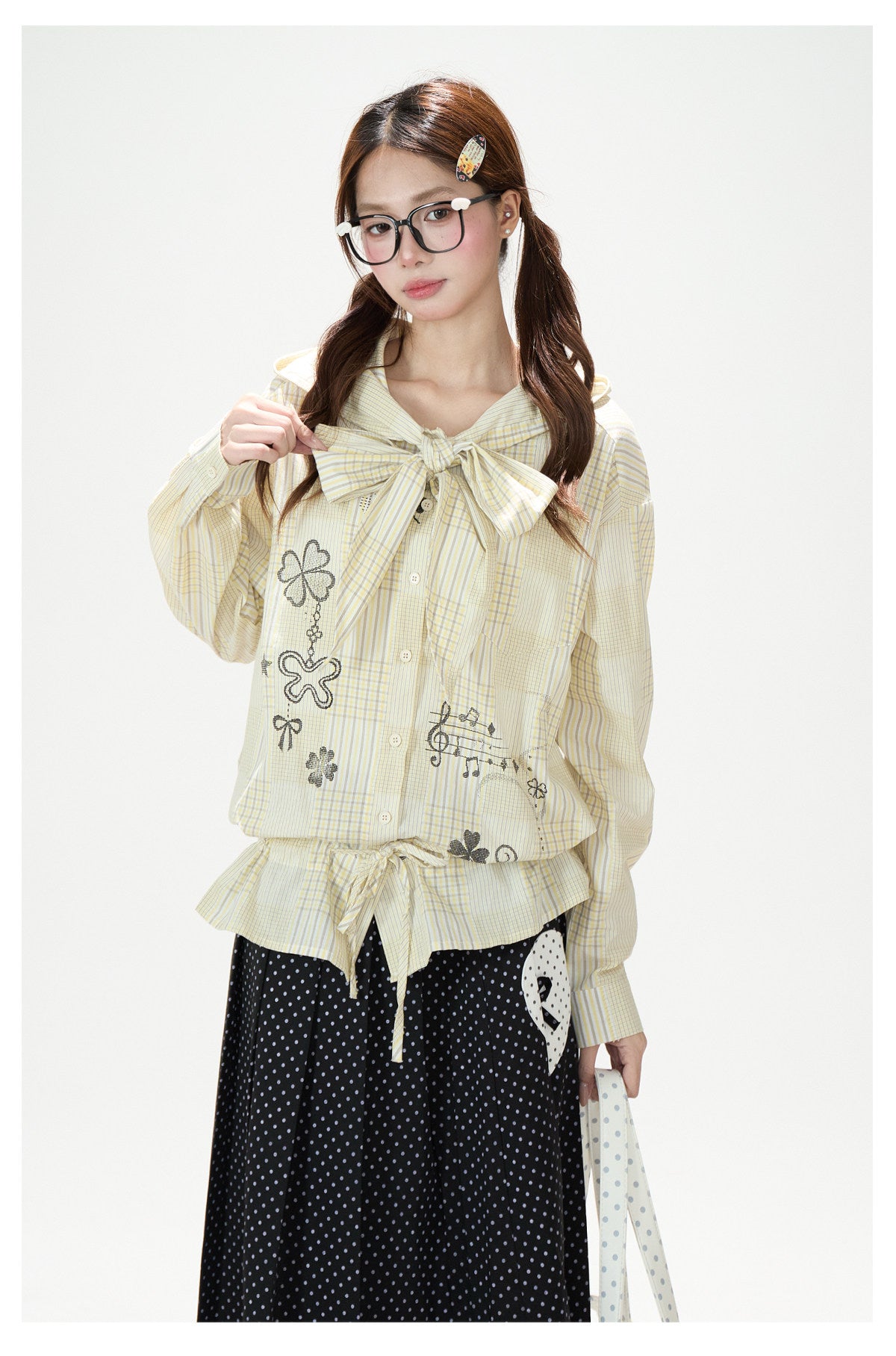 Plaid Hooded Long Sleeve Shirt & Black Polka-Dot Midi Skirt